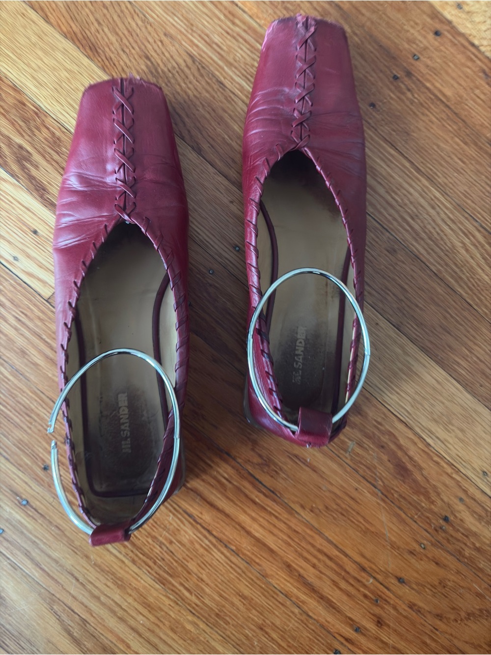 Jil Sander Burgundy Leather Square-Toe Flats with metal ankle ring